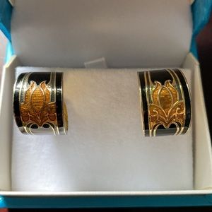 Vintage Enamel Huggie Hoop Earrings Black Gold Pink 🎁